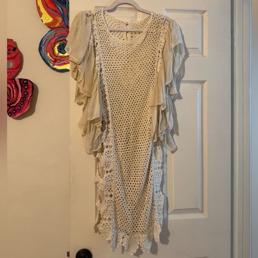 Vintage Cream Crochet Knit Cotton Mixed Flounce Ruffle shapeless Mini Dress